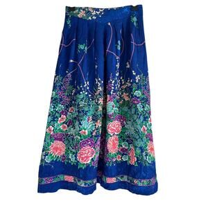 Vintage Boho Blue Floral Front Pleat‎ Midi Skirt